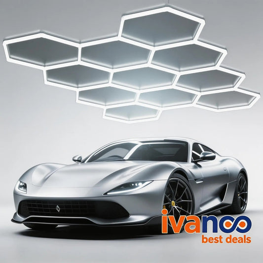 Silver sports car with honeycomb pattern above on a gray background, featuring the ivanco logo.