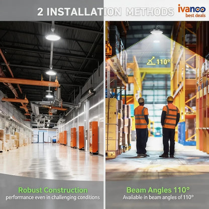 Two warehouse interior images with text overlay on a white background