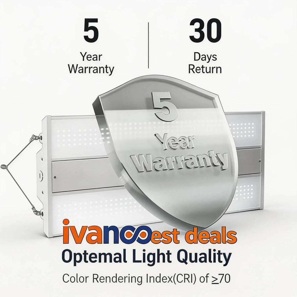 Light fixture with a 5-year warranty shield and promotional text about optimal light quality and warranty terms.