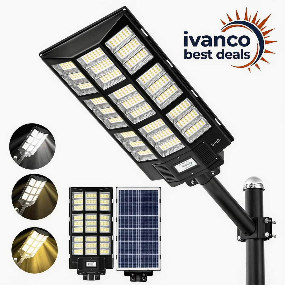 Solar street light with LED panels and ivanco logo on a white background