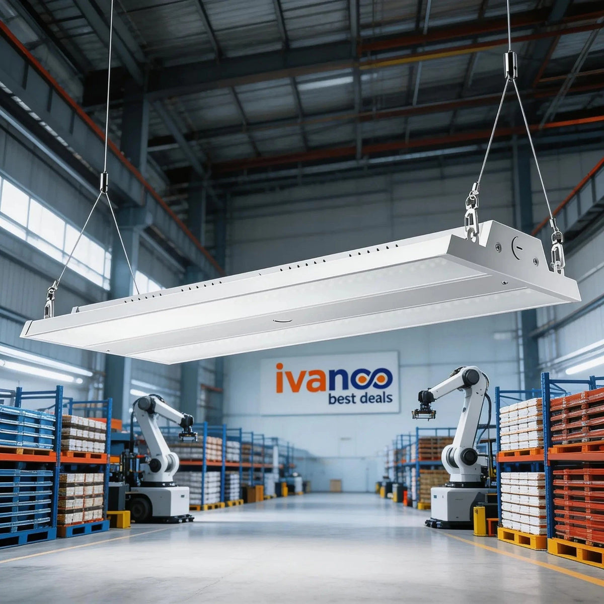 Industrial LED light fixture in a warehouse with 'ivanoо best deals' branding.