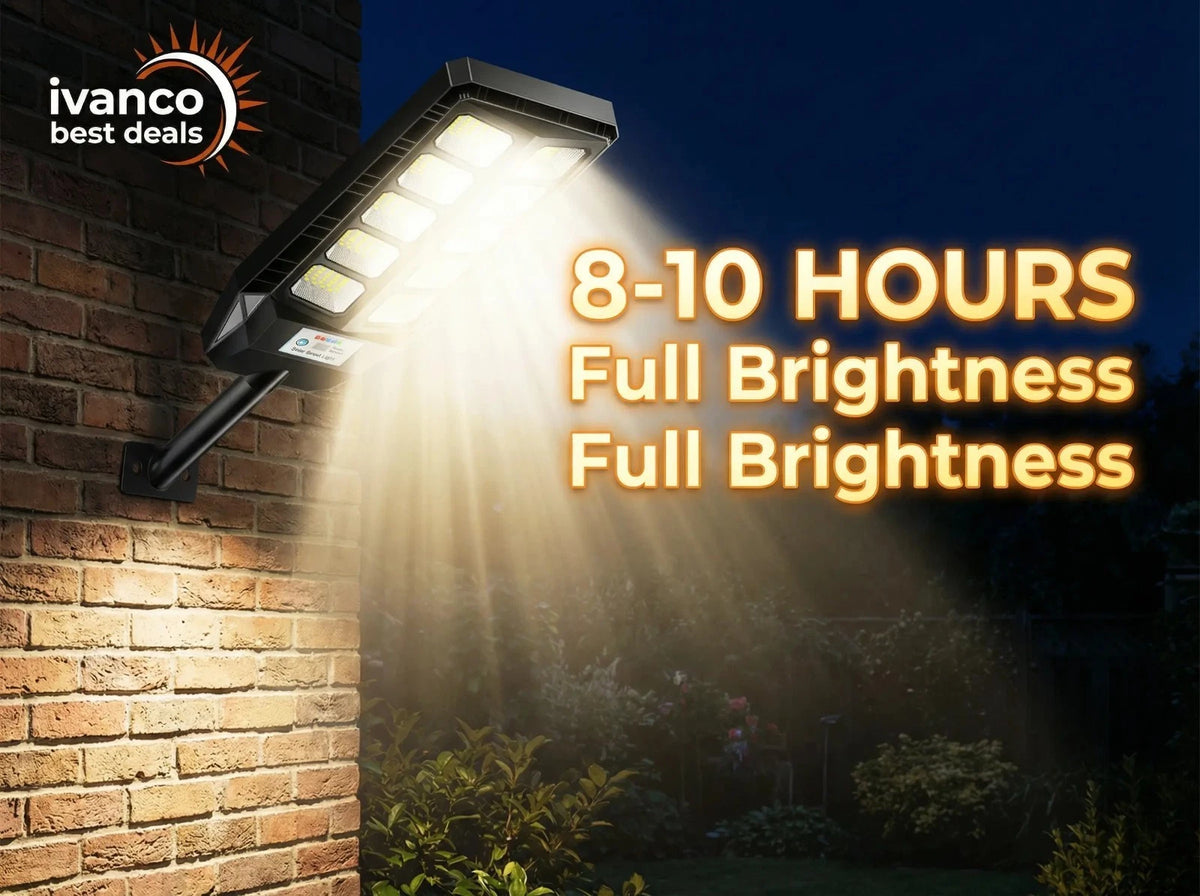Solar light fixture on a brick wall with text highlighting brightness and runtime, branded 'ivanco best deals'.