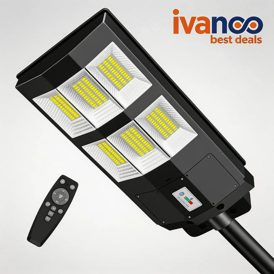 LED street light with remote control on a gray background, featuring the ivanco logo.