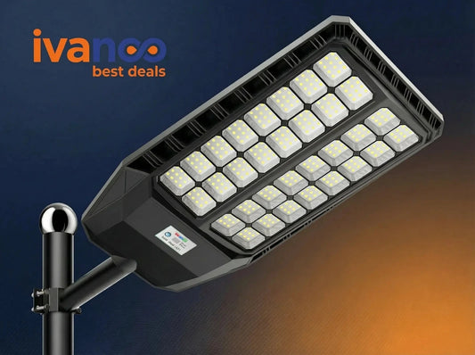 Street light with ivanco logo on a dark background