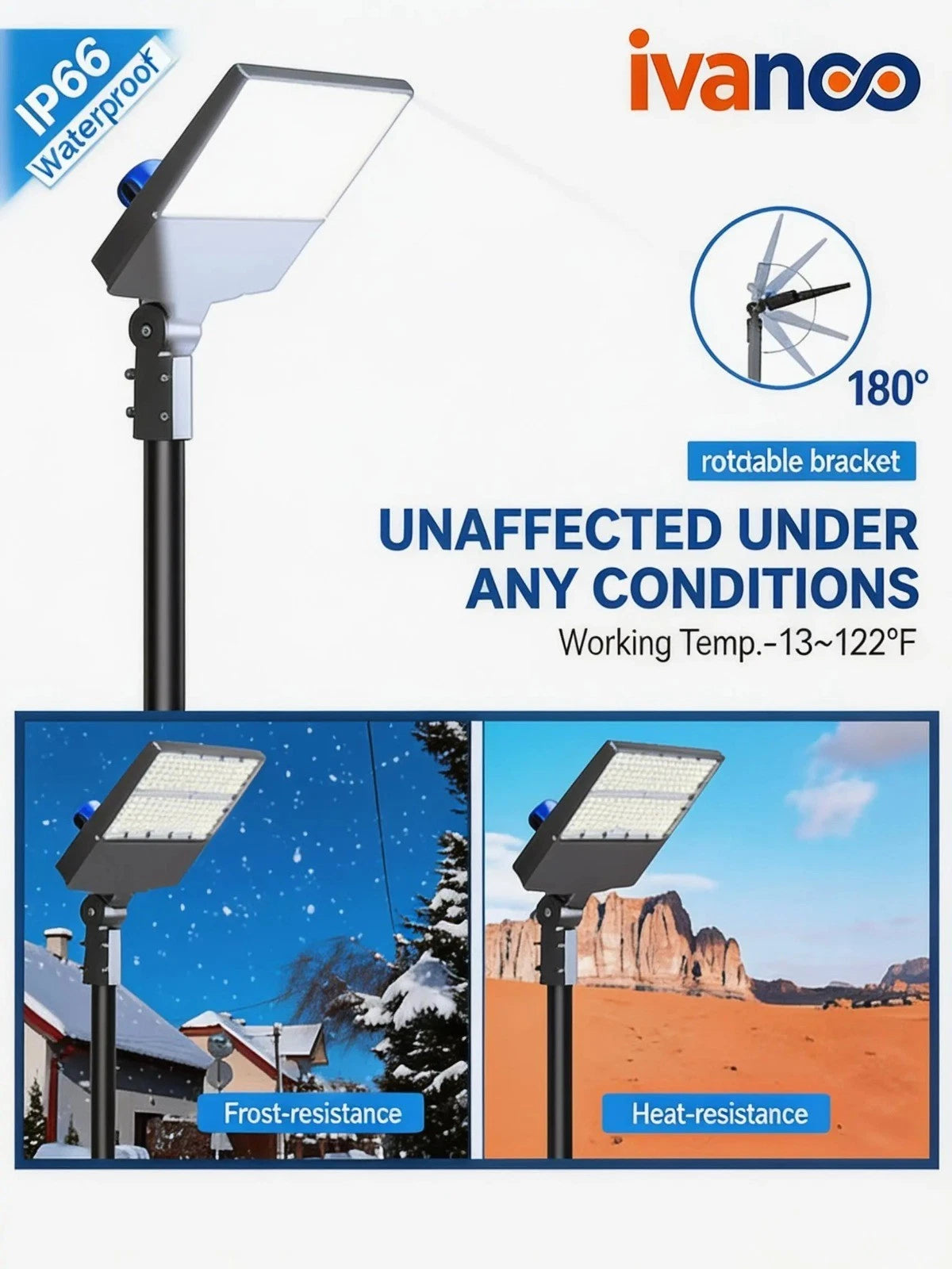 Solar street light with ivanoo branding, featuring weather resistance and rotatable bracket features.