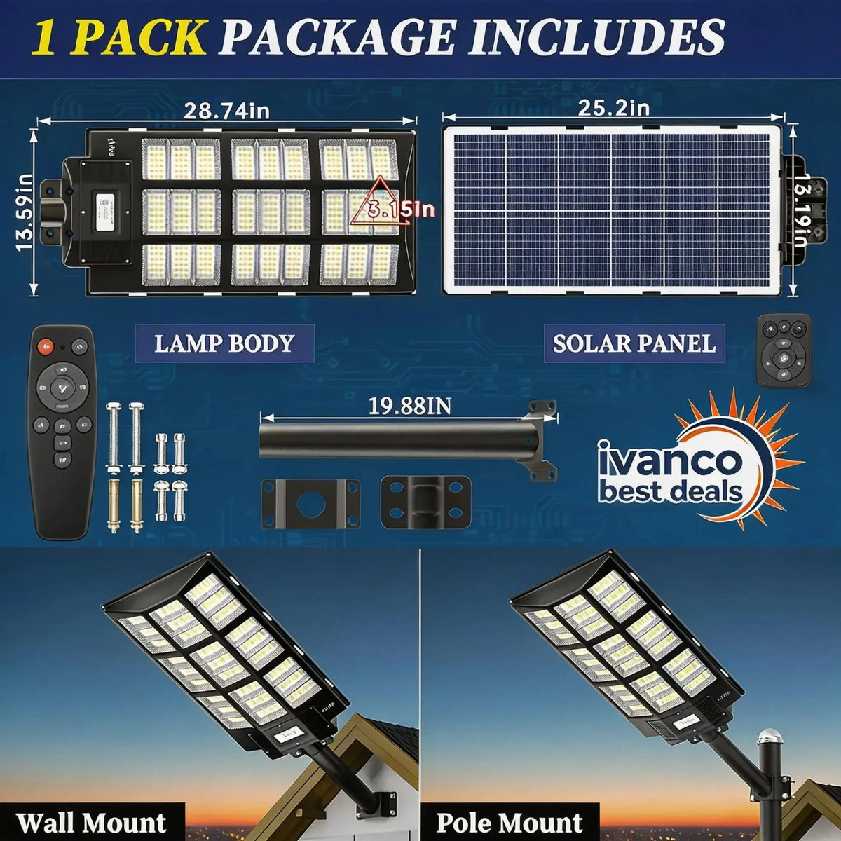 Ivanco Best Deals solar light package with lamp body, solar panel, remote control, and mounting options on a blue background.