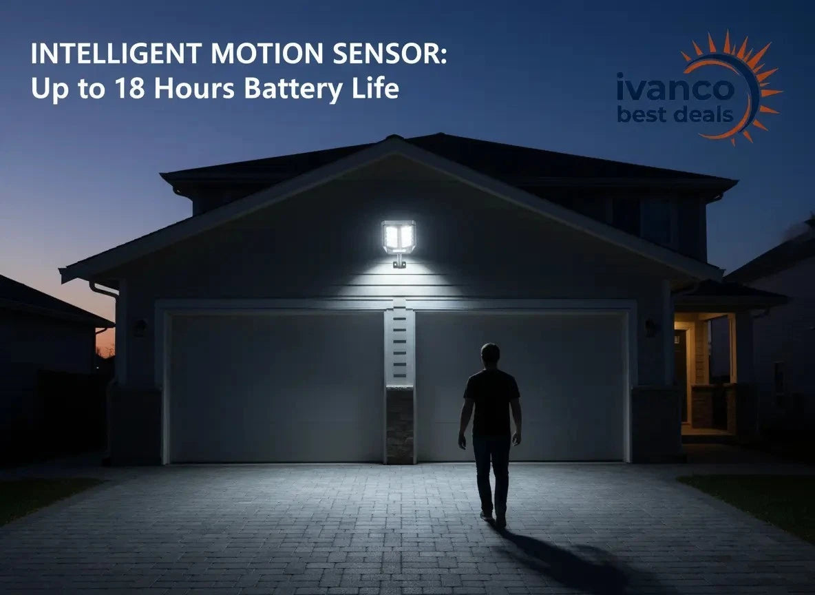 Ivanco intelligent motion sensor light on a house exterior with a person walking towards it.