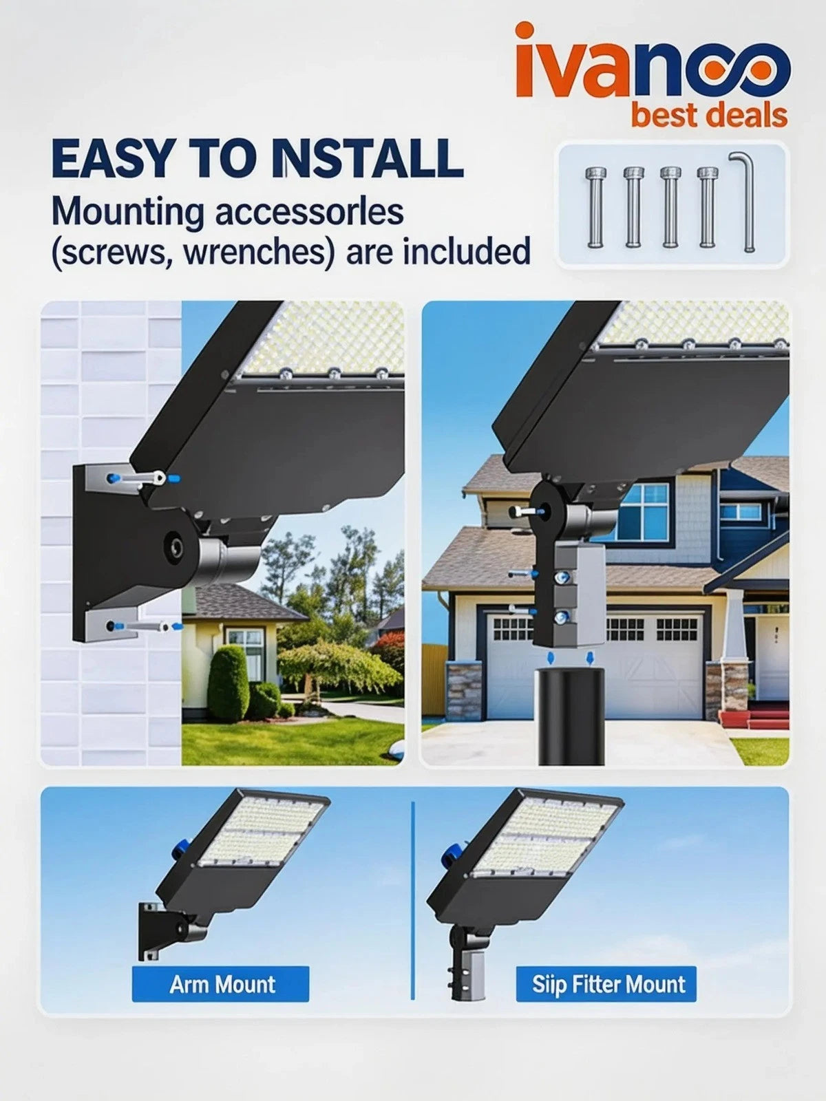 Advertisement for ivanco solar street lights with installation instructions and accessories.