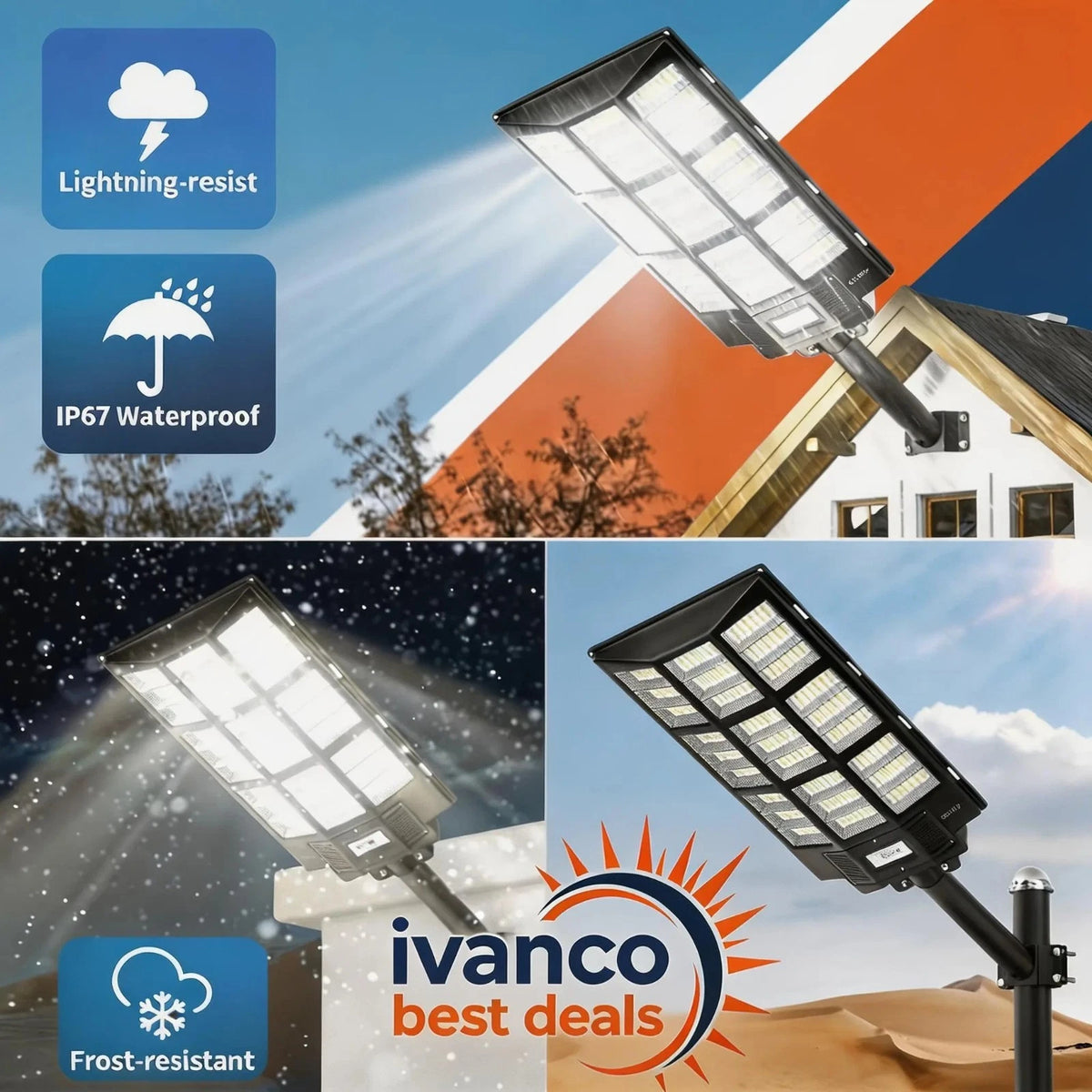 Collage of ivanco street lights with weather resistance features and a house in the background.