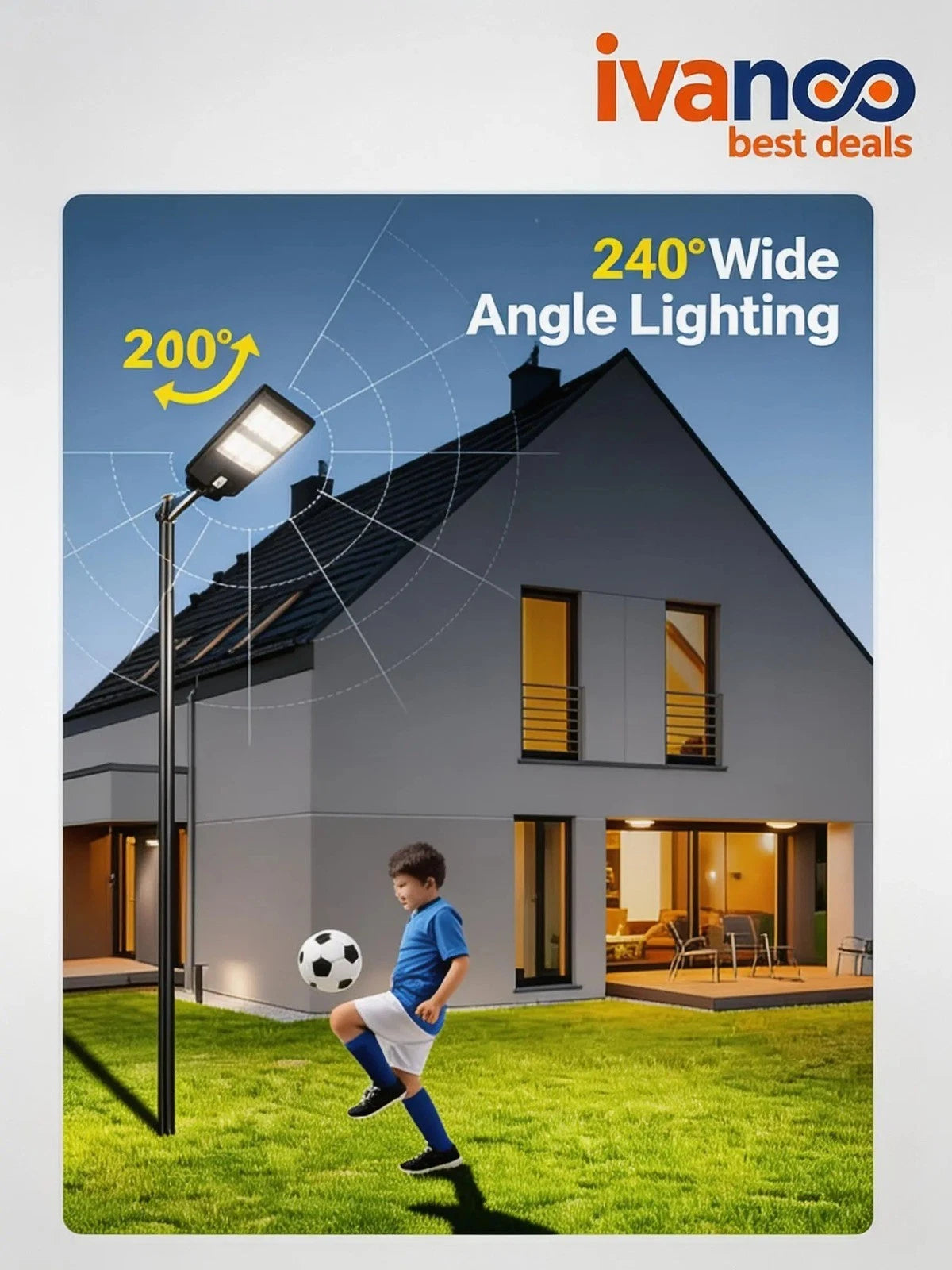 Ivancio street light with 240-degree wide angle lighting, child playing soccer in front of a house.