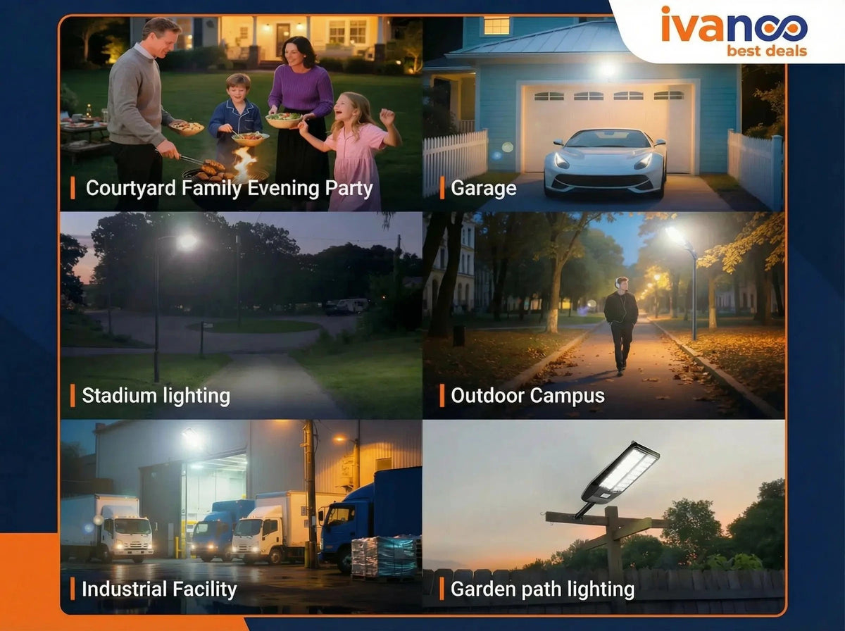 Ivanoos light fixtures used in various settings like a family gathering, garage, stadium, outdoor campus, industrial facility, and garden path.