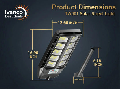 Solar street light with dimensions labeled on a dark background, featuring the ivanco brand.
