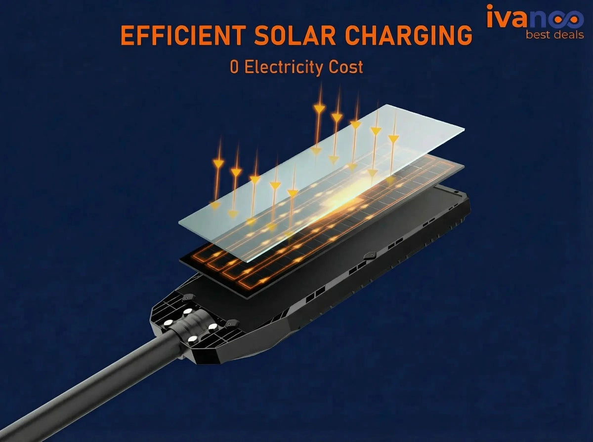 Solar charging device with 'Eco Solar Charging' text and 'Ivanoo' branding on a dark blue background.